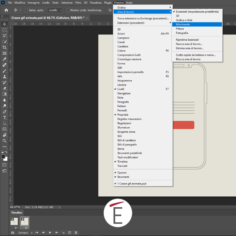 Abilita la timeline in Adobe Photoshop per creare gif