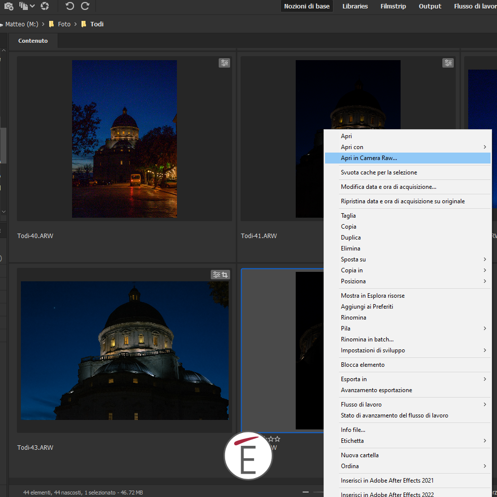 I file RAW possono essere aperti direttamente in Camera RAW da Adobe Bridge.