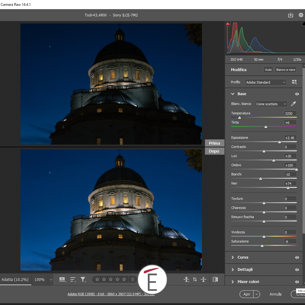 Una schermata di Adobe Camera RAW