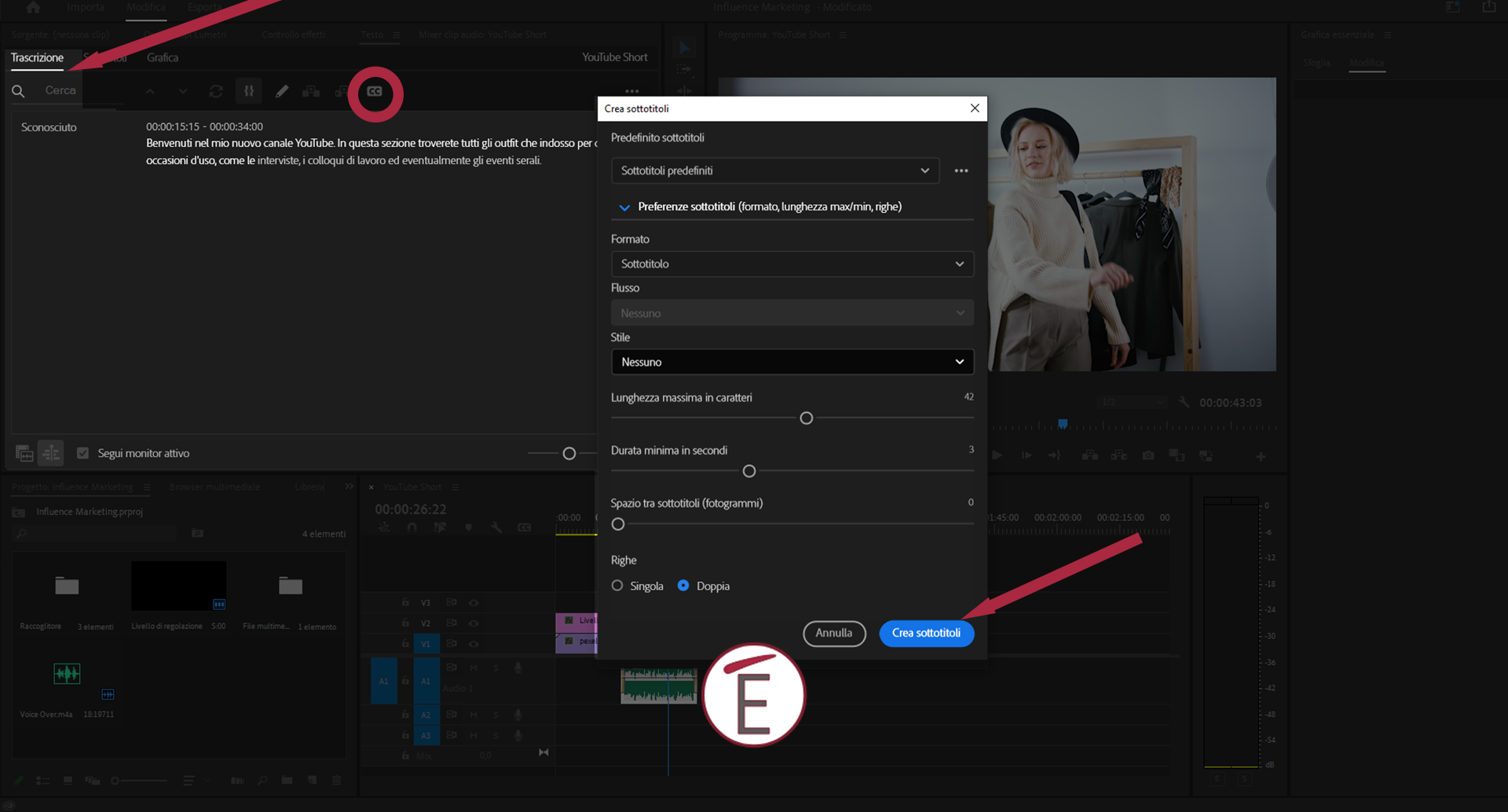 Adobe Premiere Pro è in grado di trascrivere automaticamente il parlato di una traccia audio e trasformarlo con un click in sottotitoli a scorrimento perfettamente sincronizzati con il video