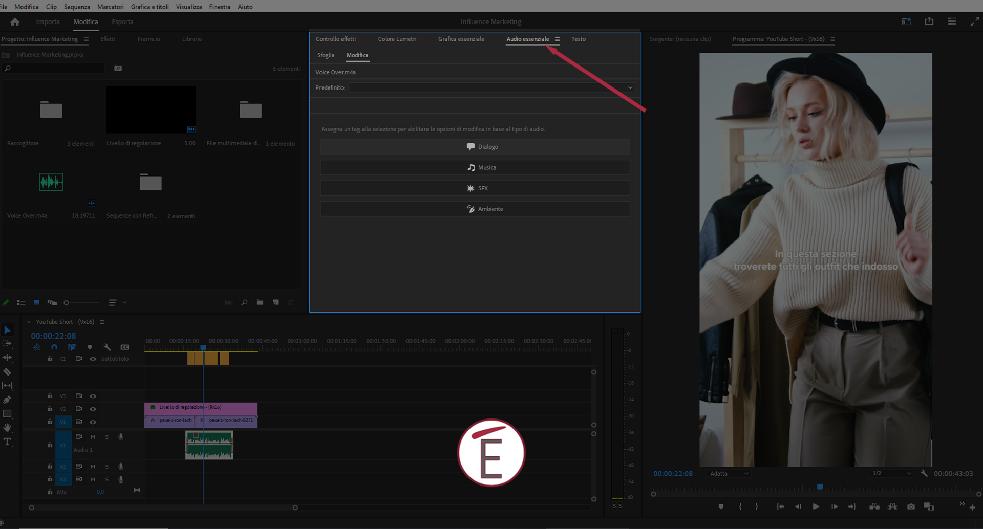 Nel pannello Audio Essenziale di Adobe Premiere è possibile sistemare con un paio di click l'audio di un video.