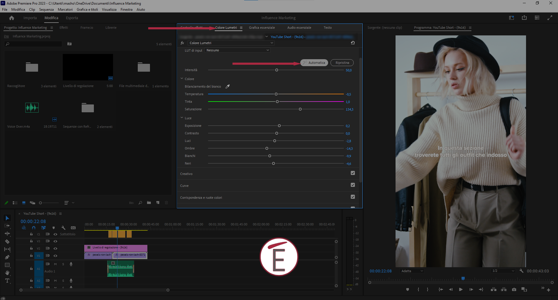 Corregere toni e colori di un video in Premiere Pro è semplicissimo usando la funzione Automatica nel pannello di Colore Lumetri