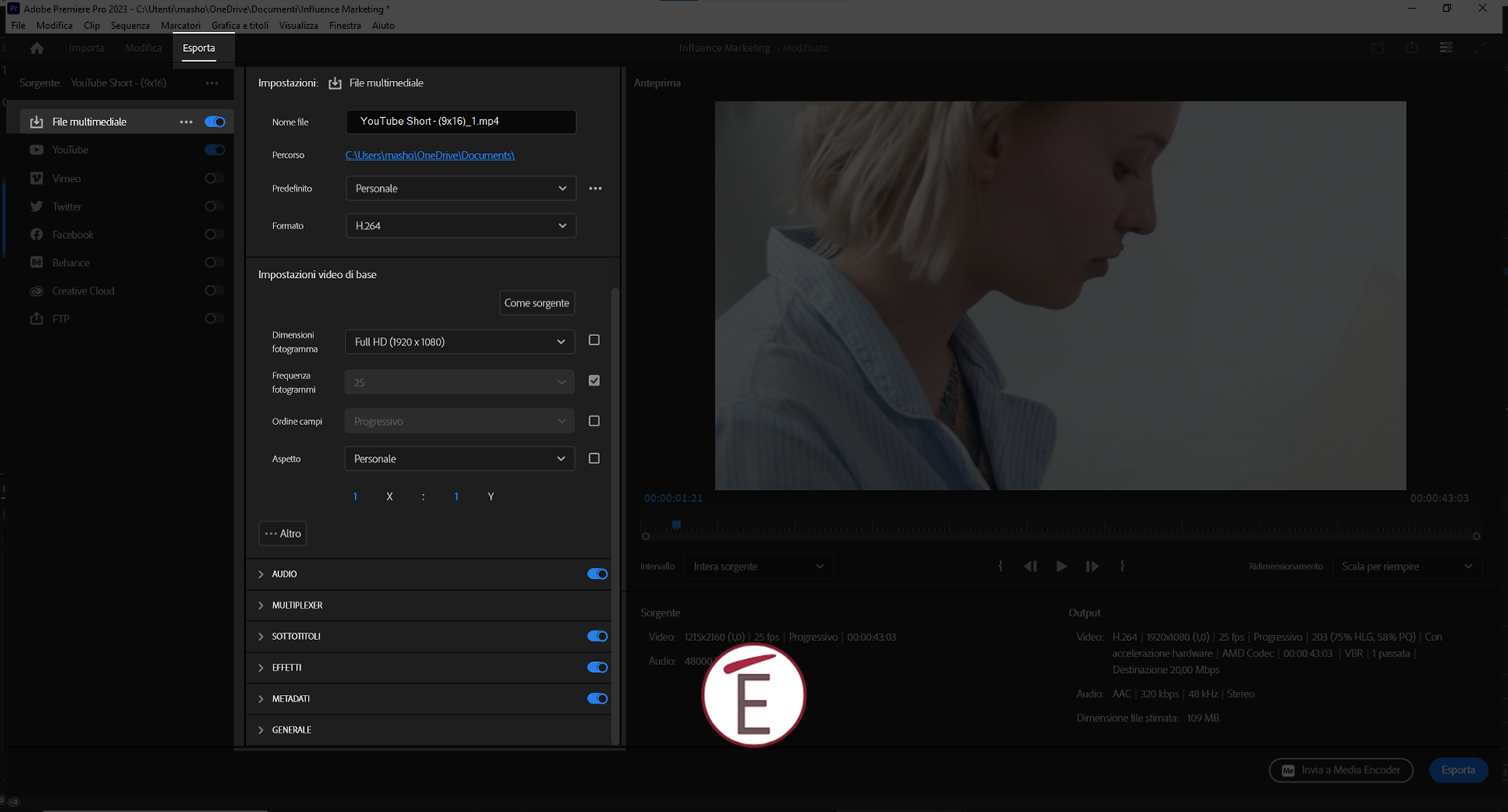 il pannello di esportazione in Adobe Premiere Pro è organizzato in maniera semplice e funzionale